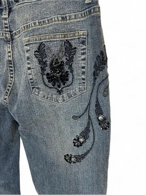 Relaxed Blue Women’s Jeans with Black Embroidered & Beaded Detail